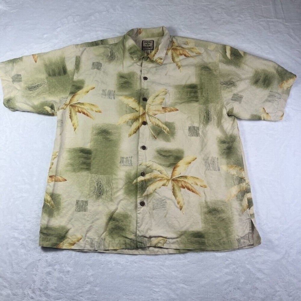 Tommy Bahama Hawaiian Camp Shirt Men Large 100% Silk‎ Beige Green Palm Floral